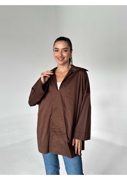 V Kesim Polo Yaka Poplin Gömlek Acı Kahve fırsatları