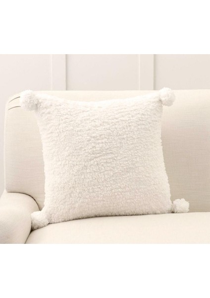 Ponponlu Krem Cozy Sherpa Kırlent Kılıfı 43 X 43 Cm, Iskandinav , Bohem