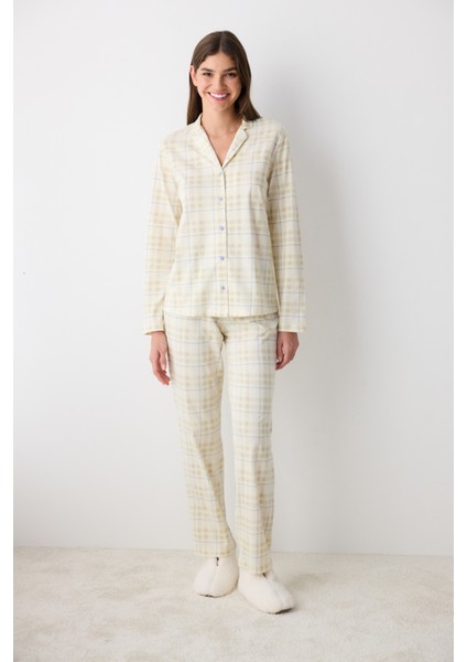 Pamuklu Ekru Checked Ekru Gömlek Pantolon Pijama Takımı