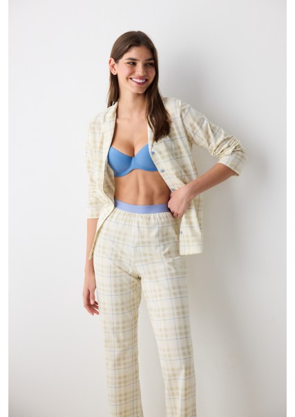 Pamuklu Ekru Checked Ekru Gömlek Pantolon Pijama Takımı
