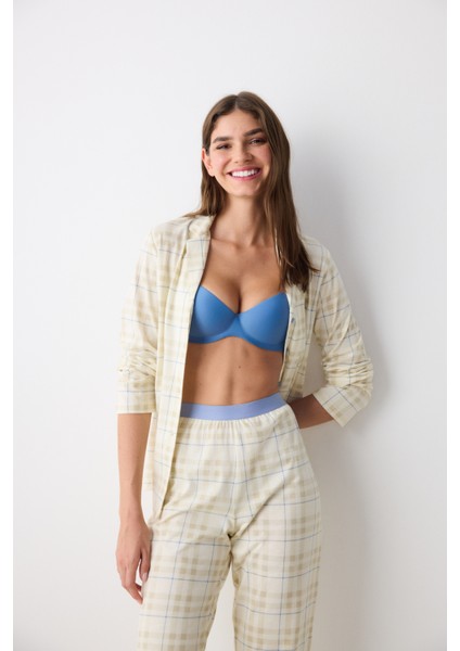 Pamuklu Ekru Checked Ekru Gömlek Pantolon Pijama Takımı