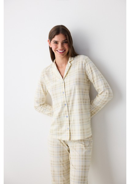 Pamuklu Ekru Checked Ekru Gömlek Pantolon Pijama Takımı