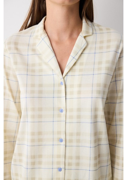 Pamuklu Ekru Checked Ekru Gömlek Pantolon Pijama Takımı