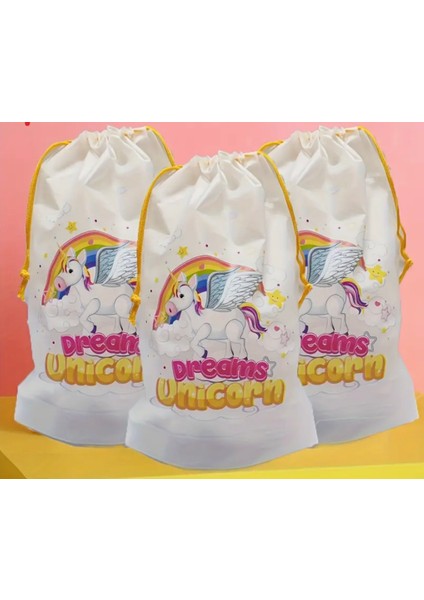 Çet Pack Unicorn Desenli Ipli Buzlu Su Geçirmez Kozmetik Oyuncak Poşeti Çamaşır Torbası Seyahat Çantası 20 x 30 cm 5 Adet