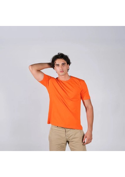 BafacoTekstil %100 Pamuklu Turuncu Basic T-Shirt Erkek / Kadın