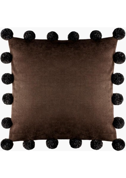 Büyük Ponponlu Kahverengi Kare Kırlent Kılıfı 43 X 43 Cm, Iskandinav , Bohem