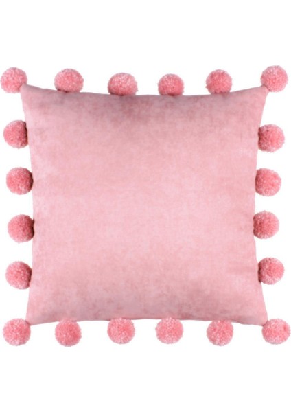 Büyük Ponponlu Pudra Pembe Kare Kırlent Kılıfı 43 X 43 Cm, Iskandinav , Bohem