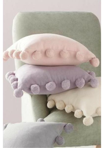 Büyük Ponponlu Pudra Pembe Kare Kırlent Kılıfı 43 X 43 Cm, Iskandinav , Bohem modelleri