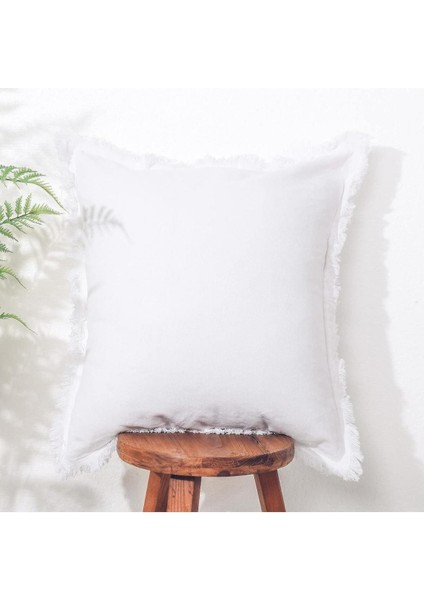 Püsküllü Beyaz Kare Dekoratif Kırlent Kılıfı 43 X 43 Cm Iskandinav, Bohem