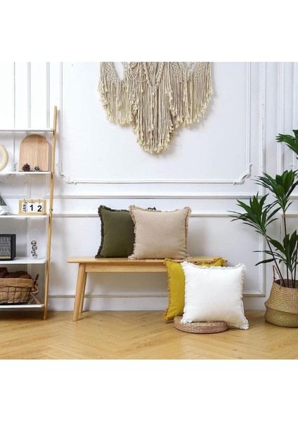 Püsküllü Beyaz Kare Dekoratif Kırlent Kılıfı 43 X 43 Cm Iskandinav, Bohem modelleri