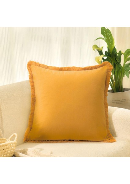 Püsküllü Hardal Lux Kare Dekoratif Kırlent Kılıfı 43 X 43 Cm Iskandinav, Bohem