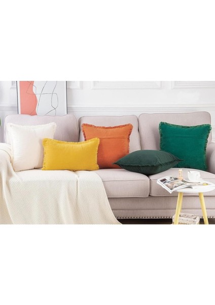 Püsküllü Hardal Lux Kare Dekoratif Kırlent Kılıfı 43 X 43 Cm Iskandinav, Bohem fiyatları