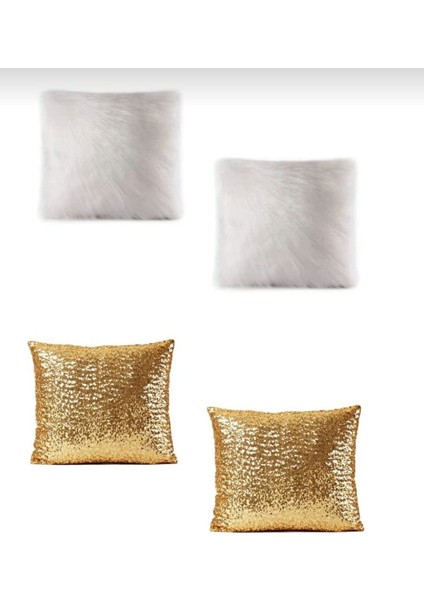 4’Lü Peluş Ve Payetli Dekoratif Kırlent Kılıfı