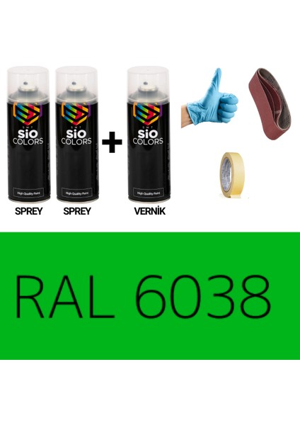 2 Adet Sprey+1 Adet Vernik Floresan Yeşil RAL-6038 Sprey Boya Seti 400 Ml+Zımpara+Kağıtbant+Eldiven
