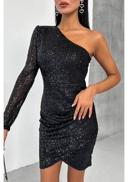 Tek Omuz Tek Kol Tasarım Payet Işlemeli Kadın Mini Abiye Elbise 007 modelleri