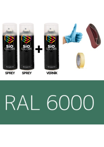 2 Adet Sprey+1 Adet Vernik Patina Yeşil RAL-6000 Sprey Boya Seti 400 Ml+Zımpara+Kağıtbant+Eldiven