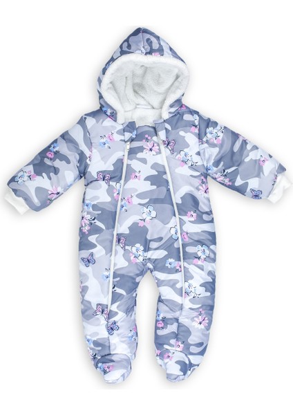 Kelebek Çiçek Desenli Patiksiz Kapüşonlu Fermuarlı Kışlık Kız Erkek Bebek Astronot Tulum Kozmonot