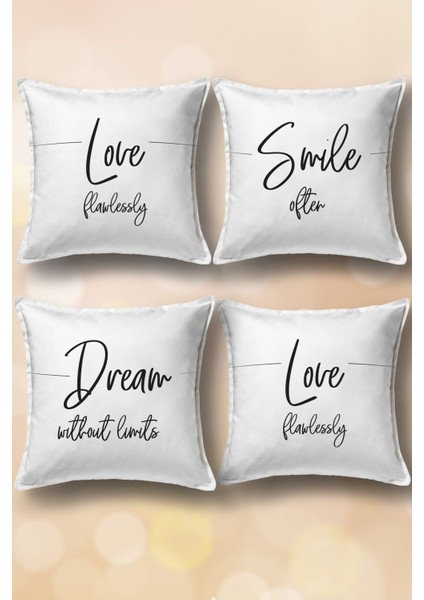 Kırlent Takım Seti Love Smile Yazılı - Çift Tarafı Baskılı - Yumuşak Dokulu - 4lü Settir