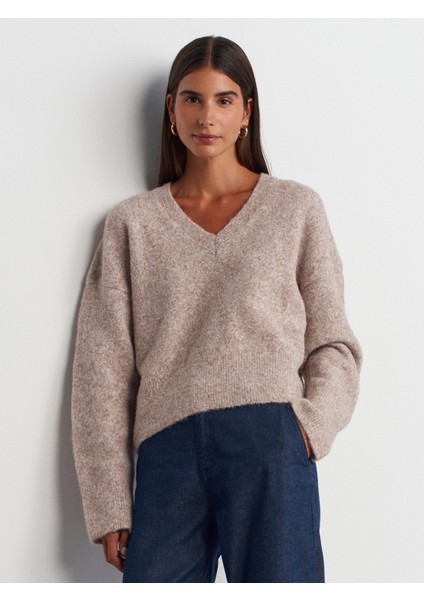 10645 V Yaka Yumuşak Dokulu Triko Kazak-Vizon M. indirimleri