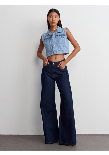 71706 Rins Yıkama Geniş Denim Pantolon-Lacivert