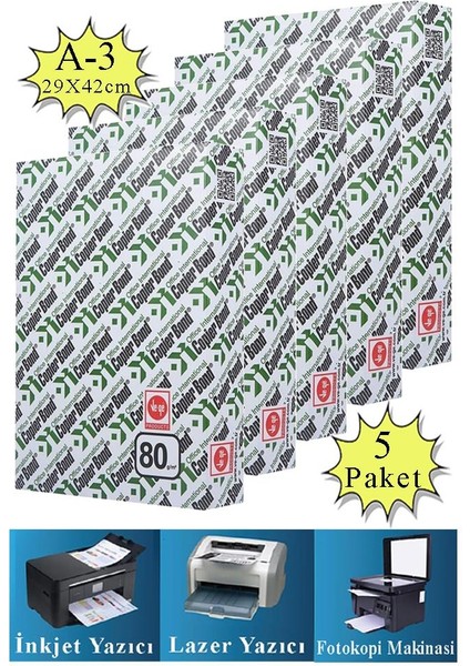 Fotokopi Kağıdı A3 80 gr 500 Lü 5 Paket Copierbond Fotokopi Kağıdı Lazer Inkjet ve Fotokopi Makineleri Için Uyumlu