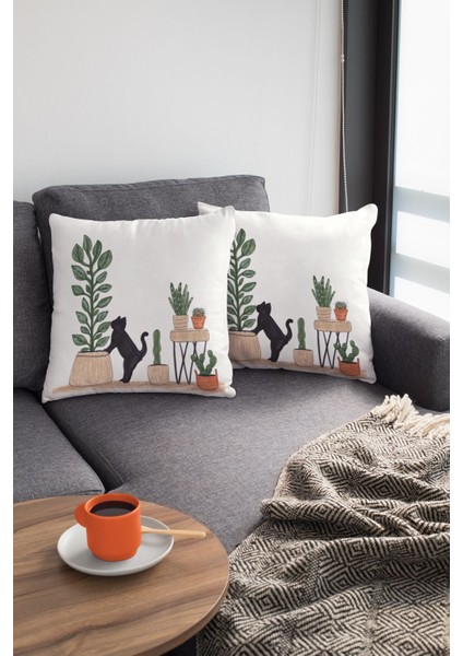 2'Li Set 43x43cm Premium Tay Tüyü Leke Tutmaz Kumaş Çift Taraflı Kırlent Yastık Kılıfı Kaktüs Krl44