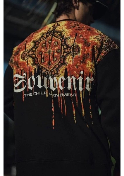Oversize Bisiklet Yaka Baskılı Sweatshirt - Siyah
