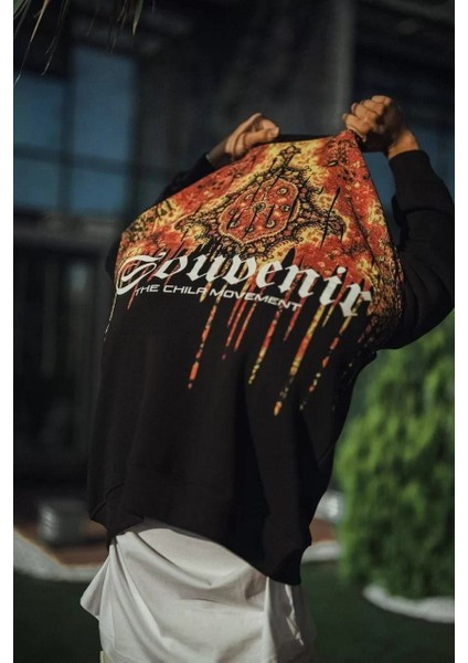 Oversize Bisiklet Yaka Baskılı Sweatshirt - Siyah