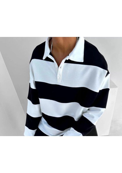Unisex Üç Iplik Parçalı Yakalı Sweatshirt - Siyah