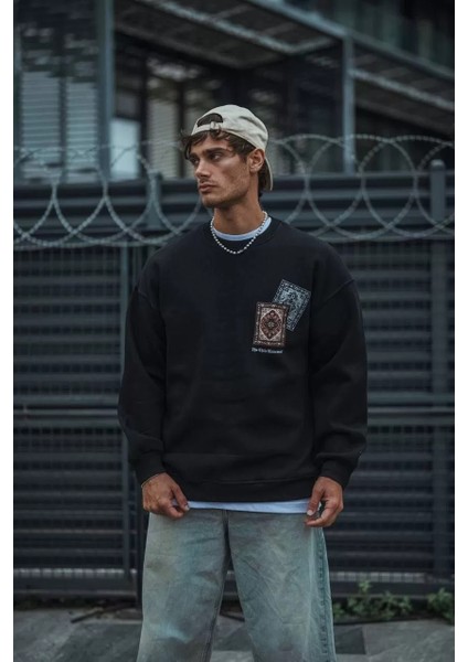 Uzun Kol Bisiklet Yaka Baskılı Sweatshirt - Siyah