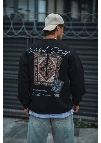 Uzun Kol Bisiklet Yaka Baskılı Sweatshirt - Siyah