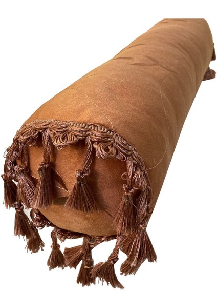 Taba Renk Koton Nubuk Dokuma Nakışlı Saçaklı Dekoratif Sosis Silindir Yastık