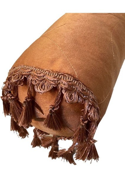 Taba Renk Koton Nubuk Dokuma Nakışlı Saçaklı Dekoratif Sosis Silindir Yastık fiyatları