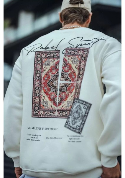 Uzun Kol Bisiklet Yaka Baskılı Sweatshirt - Beyaz