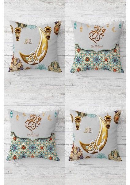 Eid Mübarak Ramazan Çini Desenli Gizli Fermuarlı Kırlent Kılıfı Koltuk Yastık Kılıfı Takım(4adet)