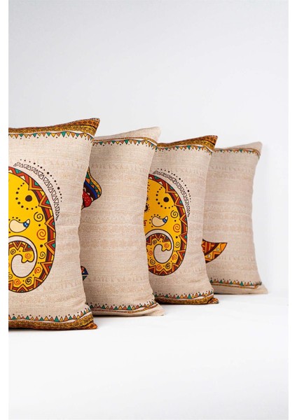 Çift Taraflı Krem Etnik Afrika Figürlü Fil Desenli 4'Lü Dijital Baskılı Kırlent Yastık Kılıfı Seti