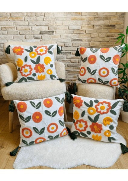 Home Design 4'Lü Kombin Punch Işlemeli Kırlent Kılıfı (Panç)