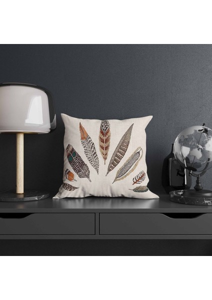 Kuş Tüy Tasarımlı Beyaz Dijital Baskı Kırlent Kılıfı