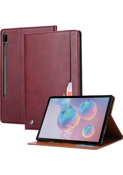 Seashell Digital Samsung Galaxy Tab S8 Wi Fi SM X800 Dış Kart Yuvası Pu Deri Standlı Cüzdan Fonksiyonlu Kalem Yuvalı Şarap Tablet Kılıfı (Yurt Dışından)