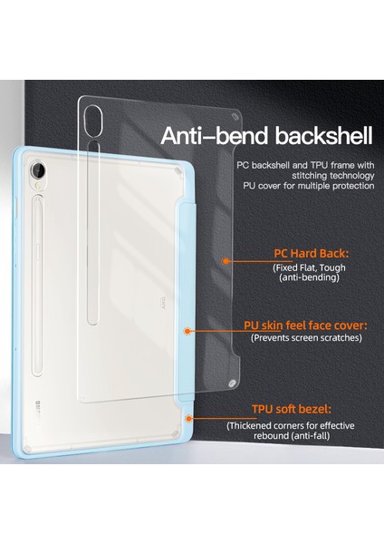 Samsung Galaxy Tab S9 Koruyucu Üç Katlı Stand Pc Tpu Pu Şeffaf Arka Tablet Kılıfı (Yurt Dışından)