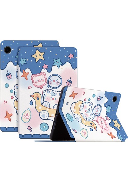 Samsung Galaxy Tab A9 Akıllı Pu Deri Karikatür Desen Standı Yüzme Kitty Tablet Kılıfı (Yurt Dışından)