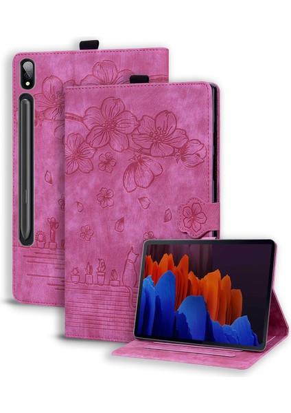 Samsung Galaxy Tab S9 Pu Deri Kart Tutucu Çiçek Kedi Baskılı Standı Tablet Kılıfı (Yurt Dışından)
