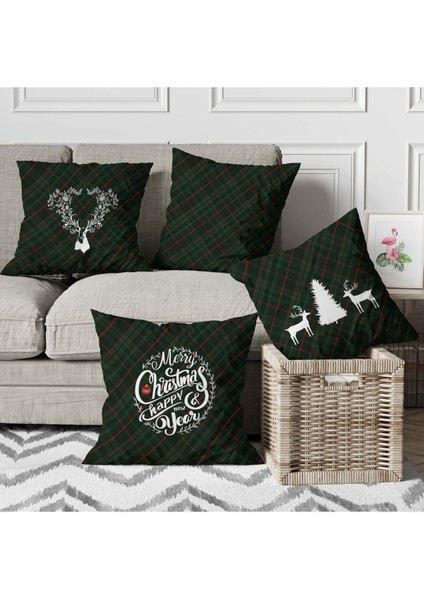 Menesa Home Yılbaşı Temalı Geyik Desen Kırmızı Çizgili Yeşil Ekose Dijital Baskılı 4lü Kırlent Kılı