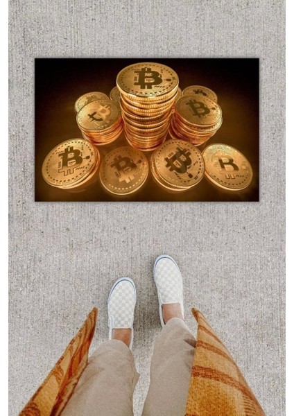Dijital Baskı Dekoratif Çoklu Bitcoin Kapı Önü Paspası K 1279