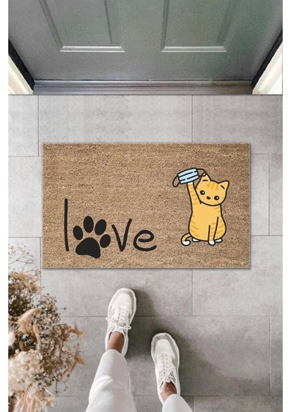 Dijital Baskı Patili Love Yazılı Maskeli Kedi Dekoratif Kapı Paspası K 2010