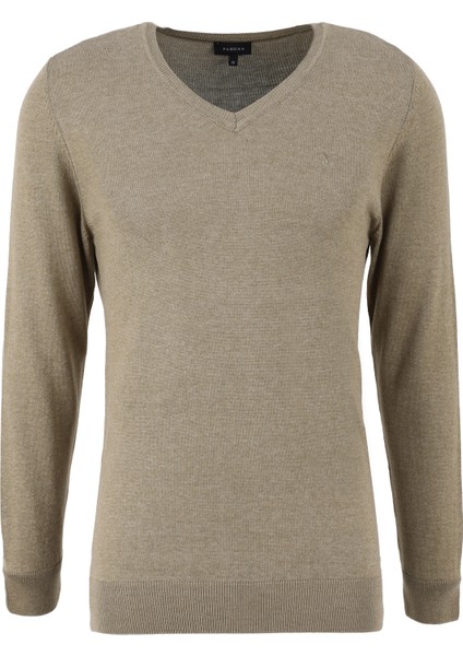 V Yaka Basic Düz Haki Melanj Erkek Kazak F4WM-KZK 2842