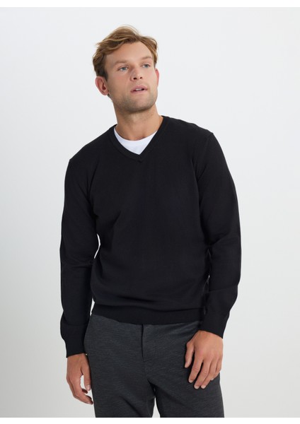 V Yaka Standart Siyah Erkek Kazak ACE492510016_TRIKO V Yaka modelleri