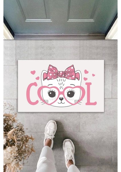 Dijital Baskı Cool Gözlüklü Fiyonklu Kedi Dekoratif Kapı Paspası K 2038