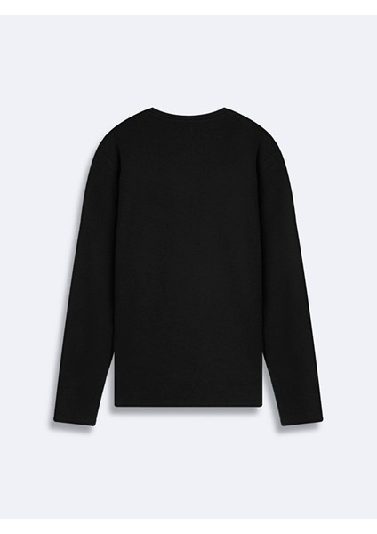 Sloganlı Sıfır Yaka Uzun Kollu Regular Fit Siyah Sweatshırt