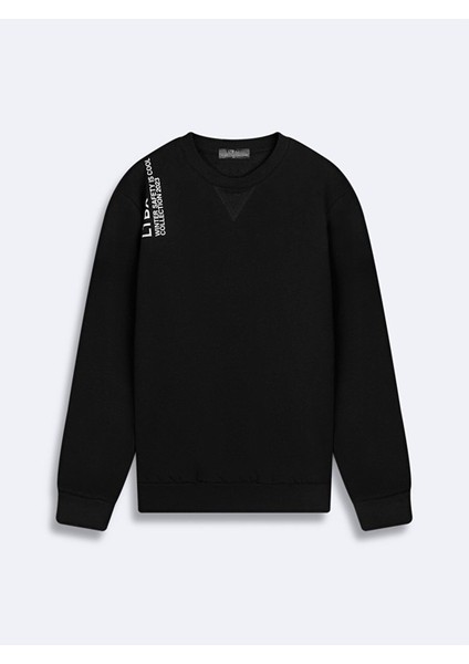 Sloganlı Sıfır Yaka Uzun Kollu Regular Fit Siyah Sweatshırt